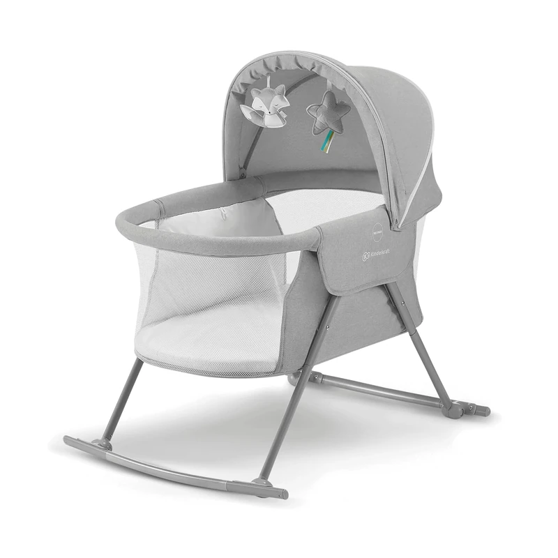 Kinderkraft LOVI Baby Crib 3 in 1, Cradle, Travel Cot, Rocker, Easy Folding and Unfolding, Adjustable Canopy, with Accessories, Mattress Cover, Included Toys, Transport Bag, for Newborn, 0-9 kg, Gray