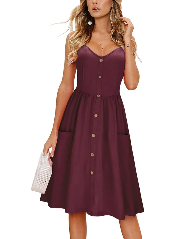 KILIG Women's Summer Dress Casual Sleeveless Beach Sundress Cotton Button Down Swing Dress with Pockets (Dark Red,Medium)