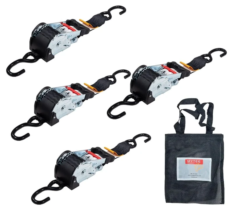 Mytee Products 4 Pack 2" x 10' Retractable Ratchet Straps | Auto Retract NO-RATCHETING Ratchet Straps with Coated S Hook Tiedowns for Motorcycles, ATVs, Bikes: Tight & Secure Pickup Trailer Tie-Down