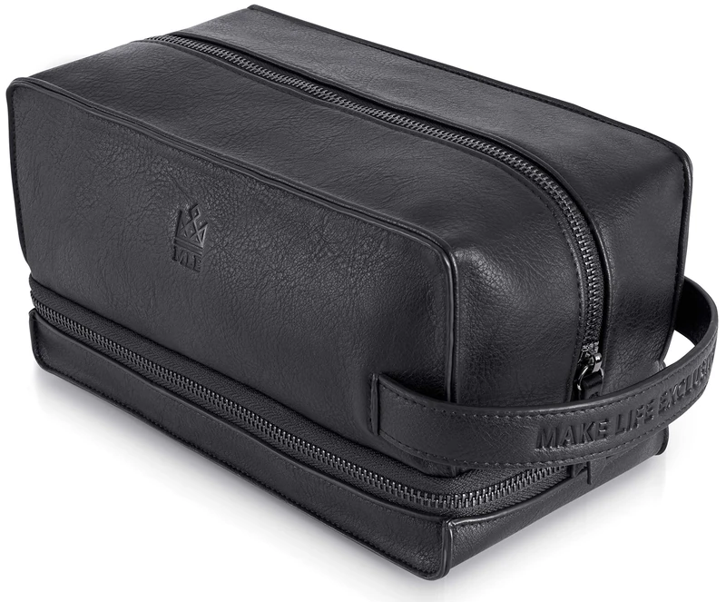 MAKE LIFE EXCLUSIVE Leather Toiletry Bag, Night Black, M, 2 compartments