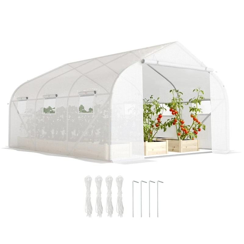 Outsunny Walk-In Polytunnel Greenhouse Warm House Garden Tunnel Shelter Plant Shed with Door and Windows, Galvanised Steel Frame, 4.5 x 3 x 2m, White