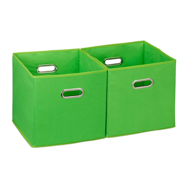 Relaxdays Storage Box Set of 2, No Lids, With Handles, Folding, Square Shelf Bins, 30 x 30 x 30 cm, Green
