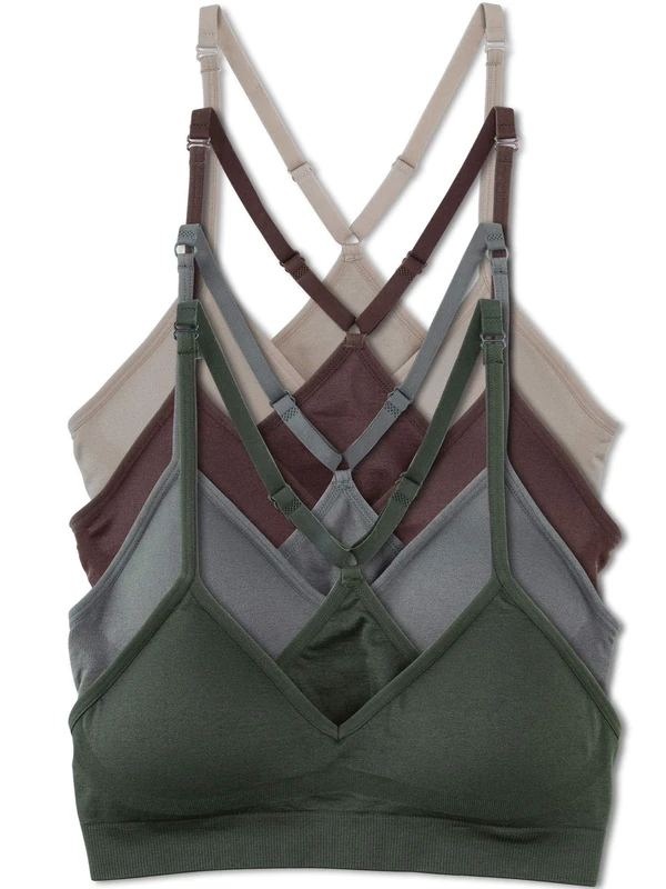 Kalon Women’s 4 Pack Racerback Sports Bralette Seamless Wireless Comfort Bra, Earth, M