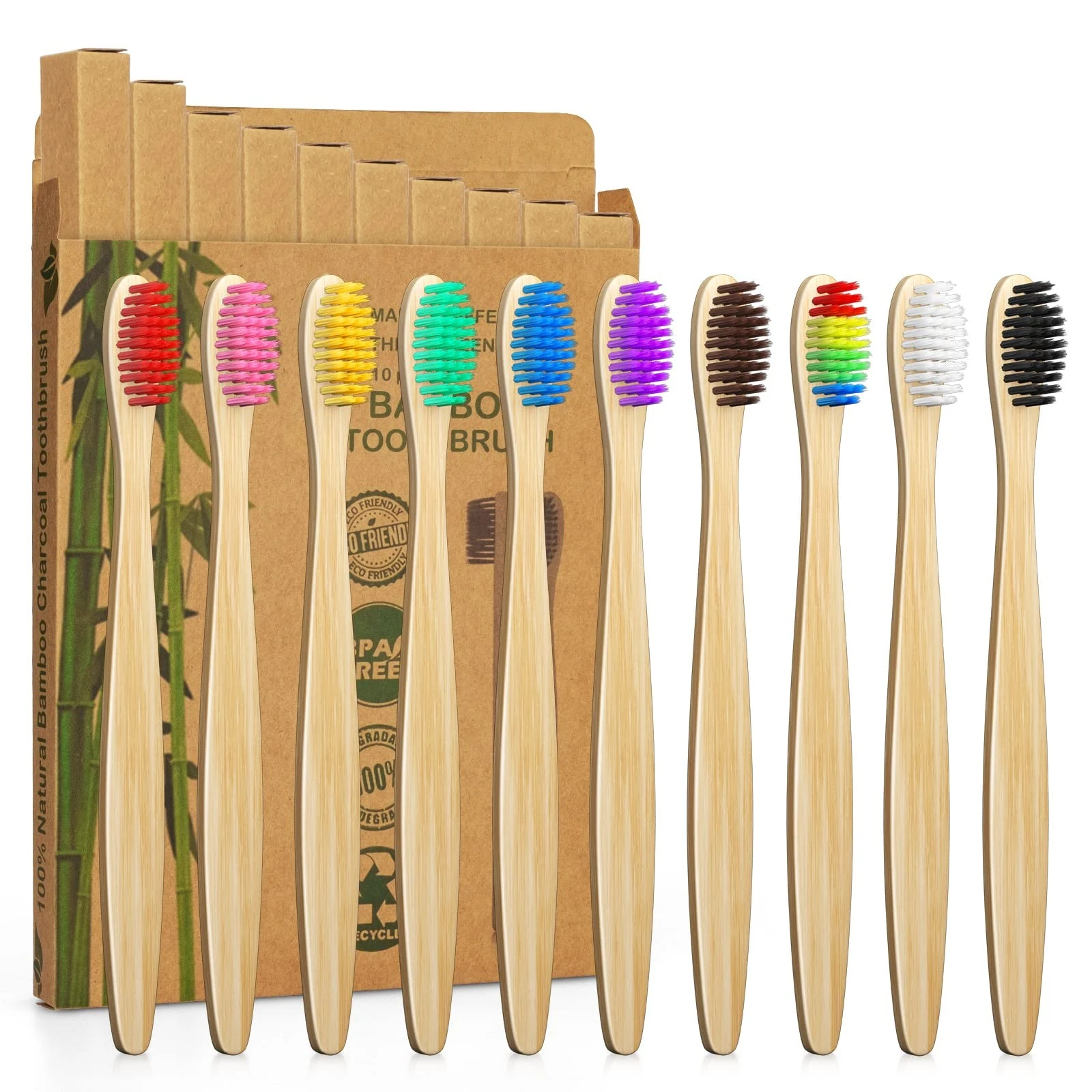 10 Color Bamboo Toothbrushes Multipack | Soft Bristles Wooden Toothbrush for Adult | Premium BPA Free Vegan Eco-Friendly, Plastic-Free, Biodegradable & Compostable Charcoal Manual Toothbrush