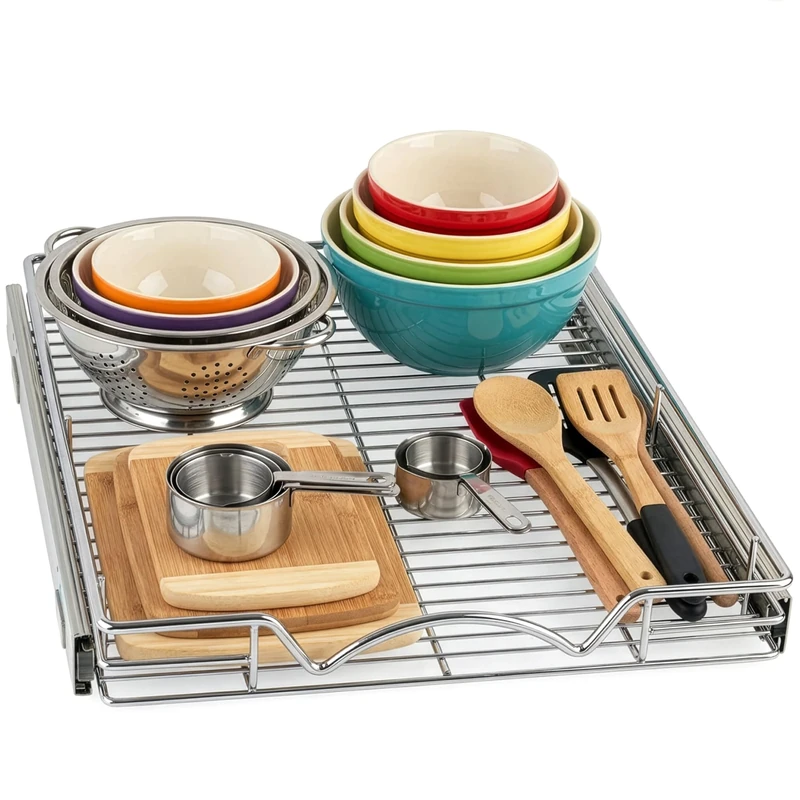 Hold N’ Storage Pull Out Cabinet Drawer Organizer, Heavy Duty-with 5 Year Limited Warranty- Slide Out Shelves, -17”W x 21”D - Requires At Least a 18-1/4” Cabinet Opening, Steel Metal, Chrome Finish