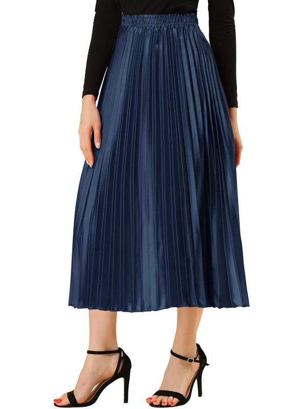 Allegra K Women's Elastic Waist Party Metallic Shiny Accordion Pleated Midi Skirt, Dark Blue, Medium