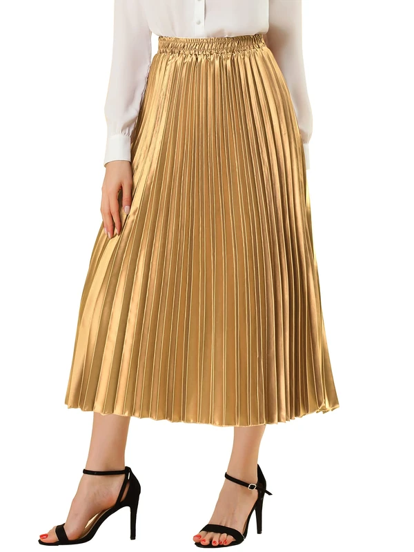 Allegra K Women's Elastic Waist Party Metallic Shiny Accordion Pleated Midi Skirt, Gold, M