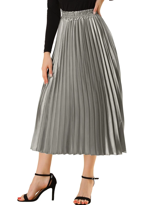 Allegra K Women's Elastic Waist Party Metallic Shiny Accordion Pleated Midi Skirt, Silver Grey, XL