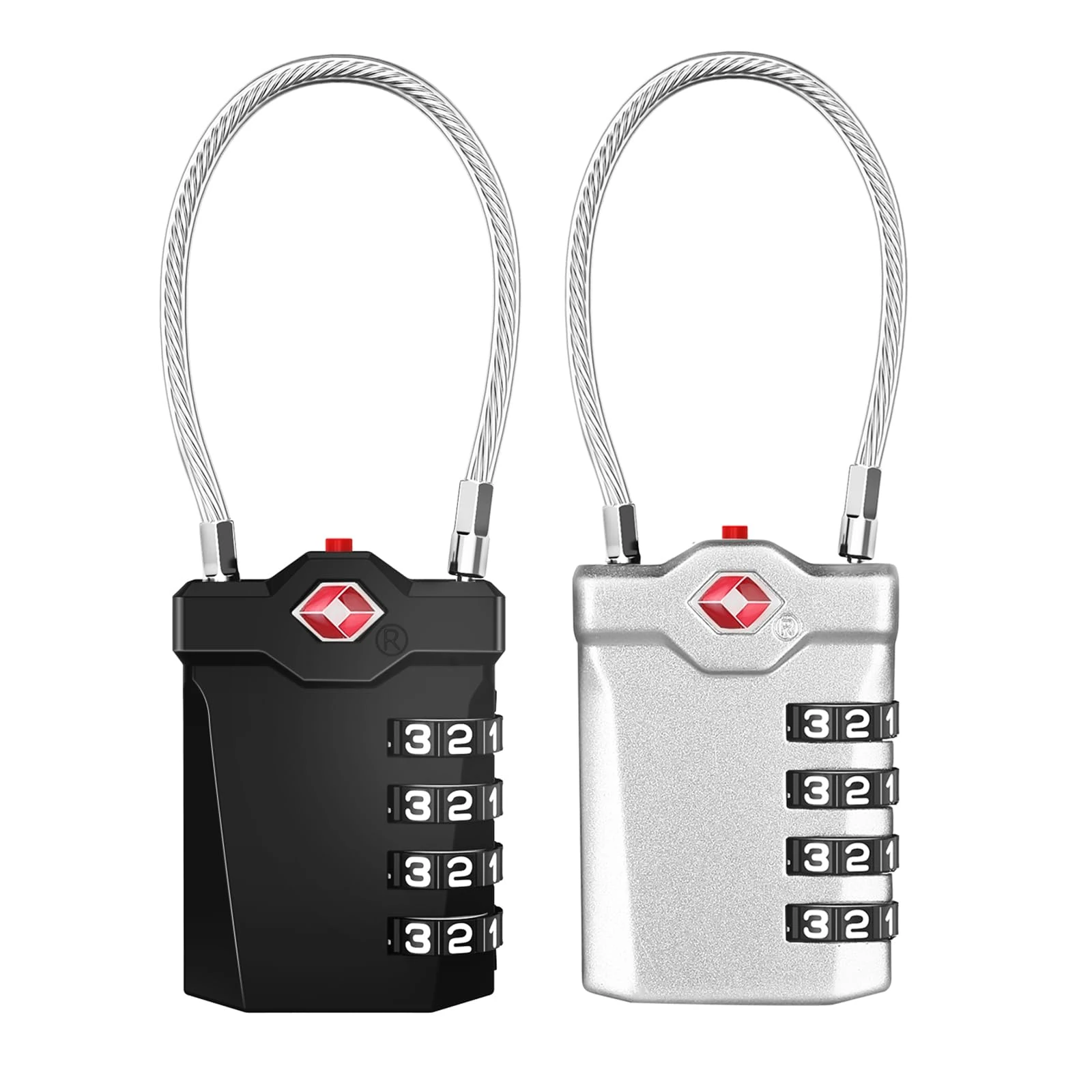 ZHEGE Suitcase Padlocks, TSA Approved Luggage Locks with Open Indicator, 5.5in Flexible Cable, 4 Digit Combination Padlock for Gym Locker, Briefcase, Backpack, Laptop Bag (Black & Silver, 2 Packs)