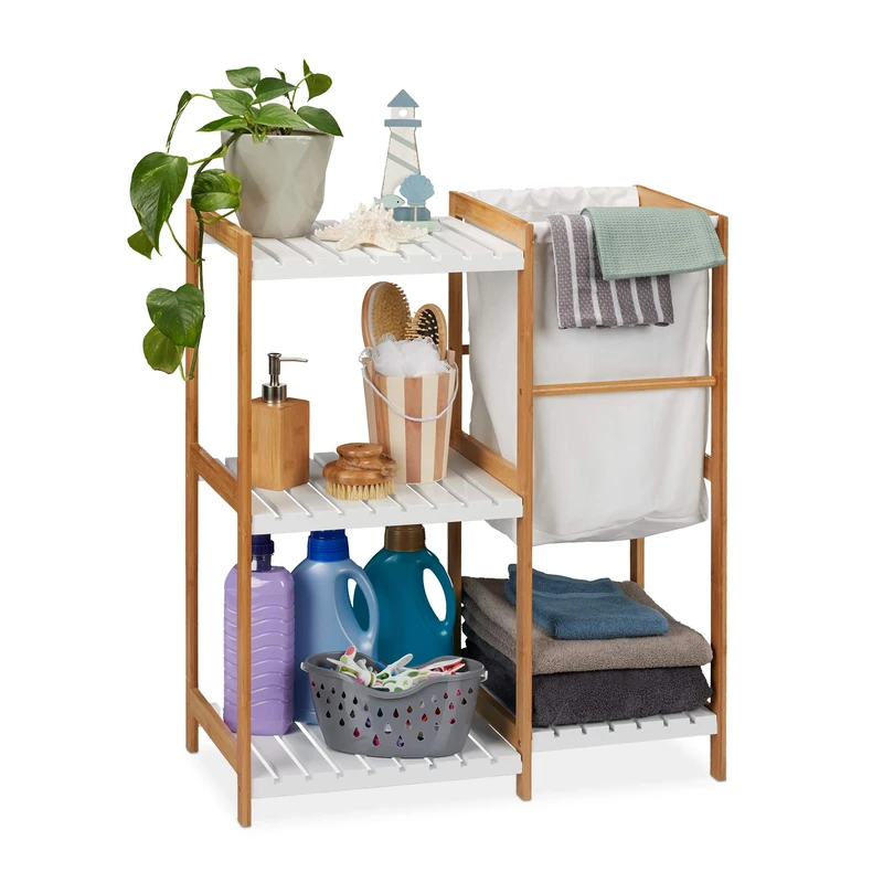 Relaxdays Bathroom Shelf Unit With Laundry Bin, Standing & Open, Bamboo & MDF Shelving Unit, HWD 76x65.5x33 cm, Natural