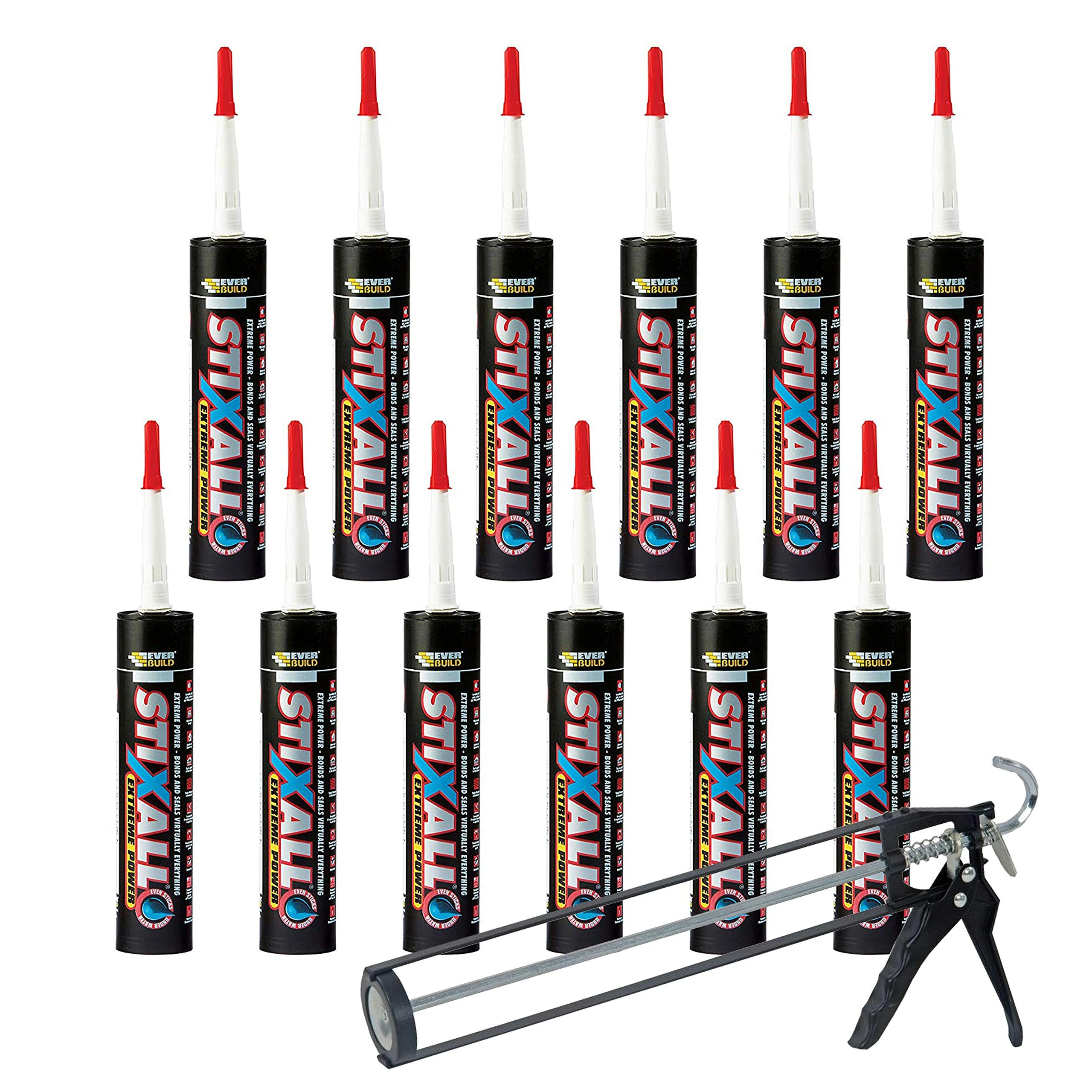 Nassboards Stixall 12x Polymer Grab Sealant with Free Sealant Gun - 290ml Caulking Adhesive and Pro Sealant Applicator Included - Extra Adhesive Durable Sealant Polymer Adhesive 12-Pack