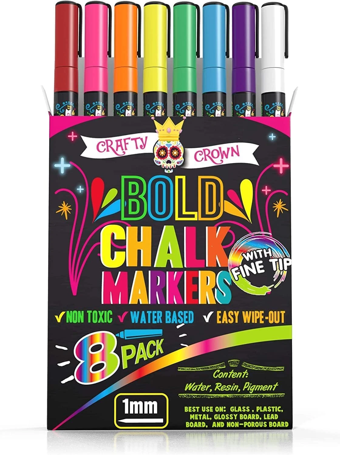 Chalky Crown - Chalk Pens - Liquid Chalk Markers - Dry Erase Chalk Pen for Chalkboards, Signs, Windows, Blackboard & More - 24 Chalkboard Labels Included - 8 Pack, Multicolored, 1mm