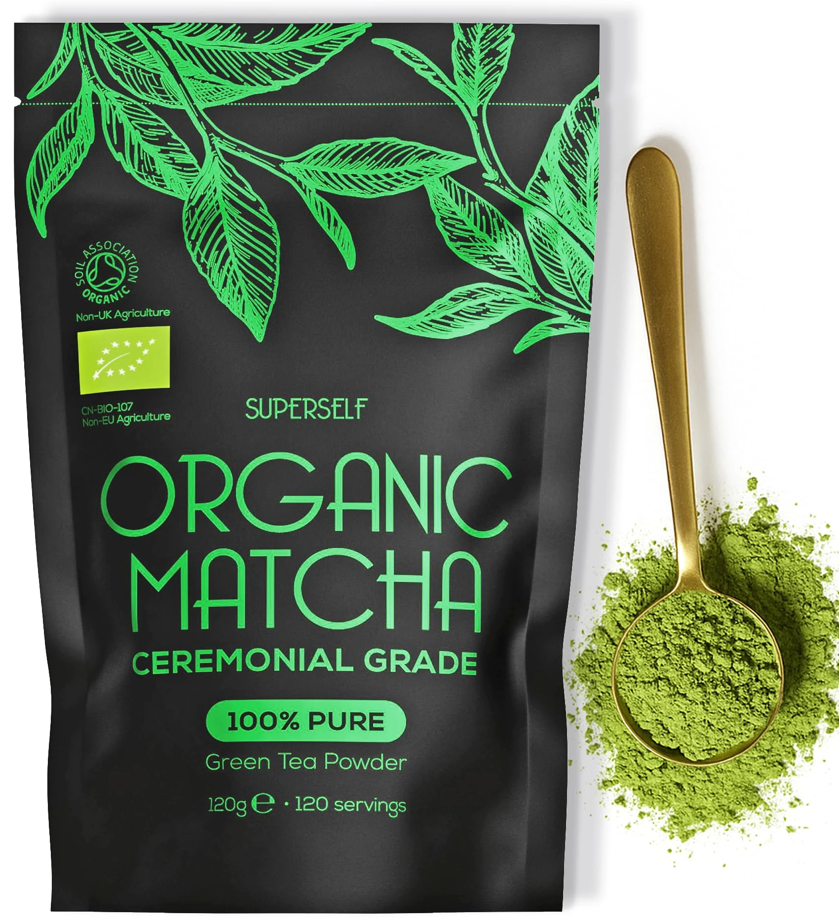 SuperSelf Organic Matcha Powder - Ceremonial Grade & 100% Pure - Smooth Taste & Vibrant Green - Macha for Straight Tea, Lattes, Baking - Certified Organic - Japanese Stone Ground Method - Large 120g