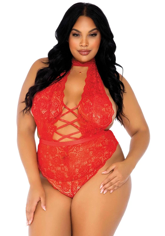 Leg Avenue Women's High Neck Floral Lace Backless Teddy W/Lace-up Accents and Crotchless Thong Panty, Red, X-Large - Image 1