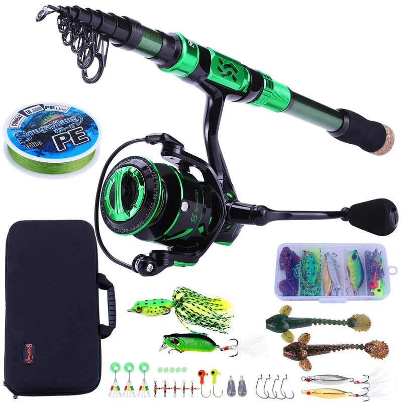 Sougayilang Fishing Rod and Reel Combos - Carbon Fiber Telescopic Fishing Pole - Spinning Reel 12 +1 BB with Carrying Case for Saltwater and Freshwater Fishing Gear Kit(Green 5.91ft-2000)