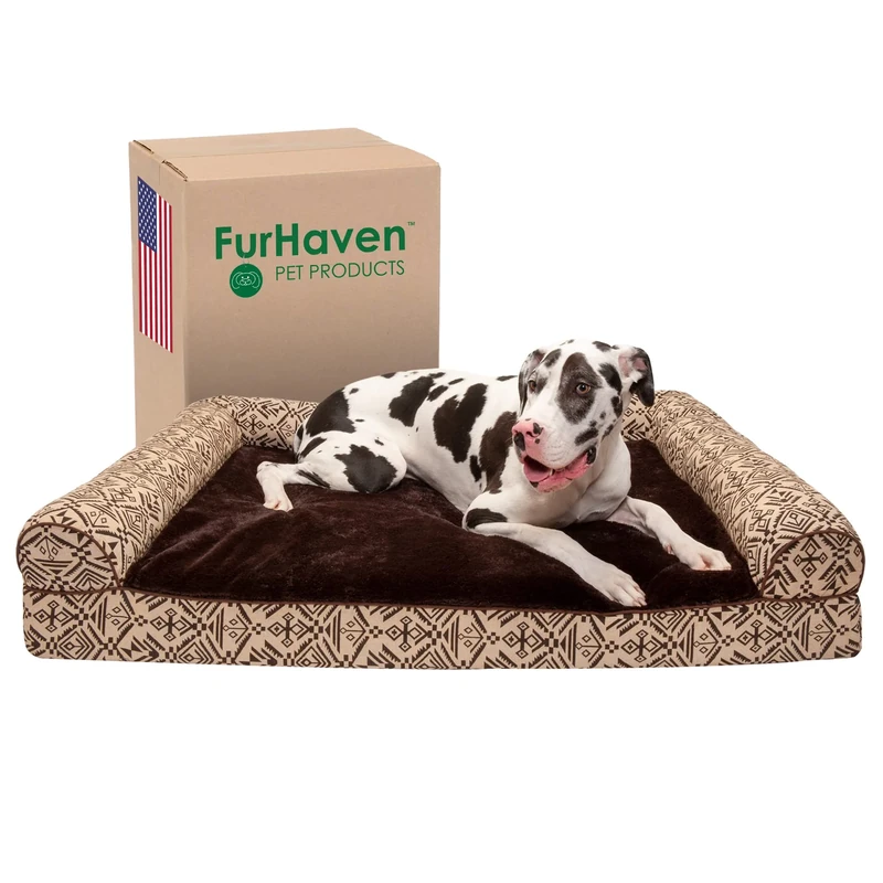 FurHaven Cooling Gel Dog Bed for Large Dogs w/Removable Bolsters & Washable Cover, For Dogs Up to 125 lbs - Plush & Southwest Kilim Woven Decor Sofa - Desert Brown, Jumbo Plus/XXL