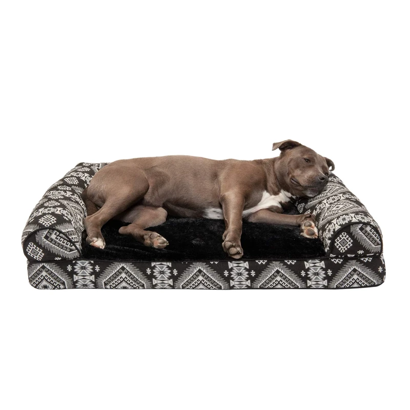 Furhaven Large Orthopedic Dog Bed Plush & Southwest Kilim Decor Sofa-Style w/Removable Washable Cover - Black Medallion, Large