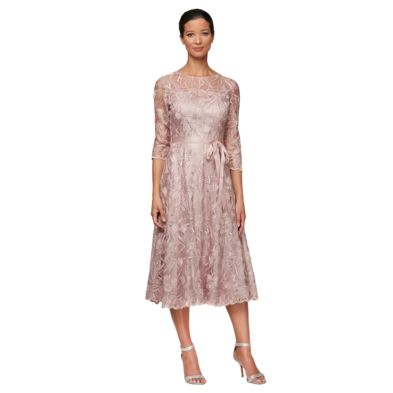 Alex Evenings Women's Tea Length Embroidered Dress Illusion Sleeves (Petite Missy) Special Occasion, Rose, 10
