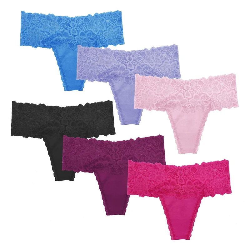 Pmrxi Pack of 10 Sexy Women All Lace Thong, Cotton Thong Lace Trim, Assorted Different Lace Pattern & Colors - Multicoloured - M