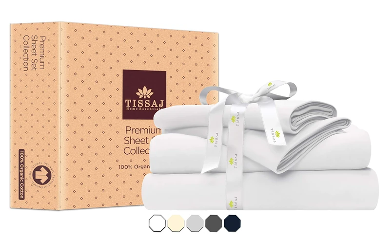 Tissaj 100% Organic Cotton Sheet Set - GOTS Certified - 1 Fitted Sheet, 1 Flat Sheet and Pillowcases (Single, Ultra White) - Image 1