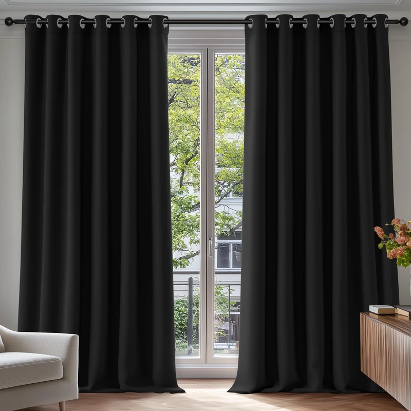 Deconovo Curtains Long Drop 108 Inch Super Soft Thermal Insulated Eyelet Blackout Curtains Living Room 90 x 108 Inch Black 2 Panels