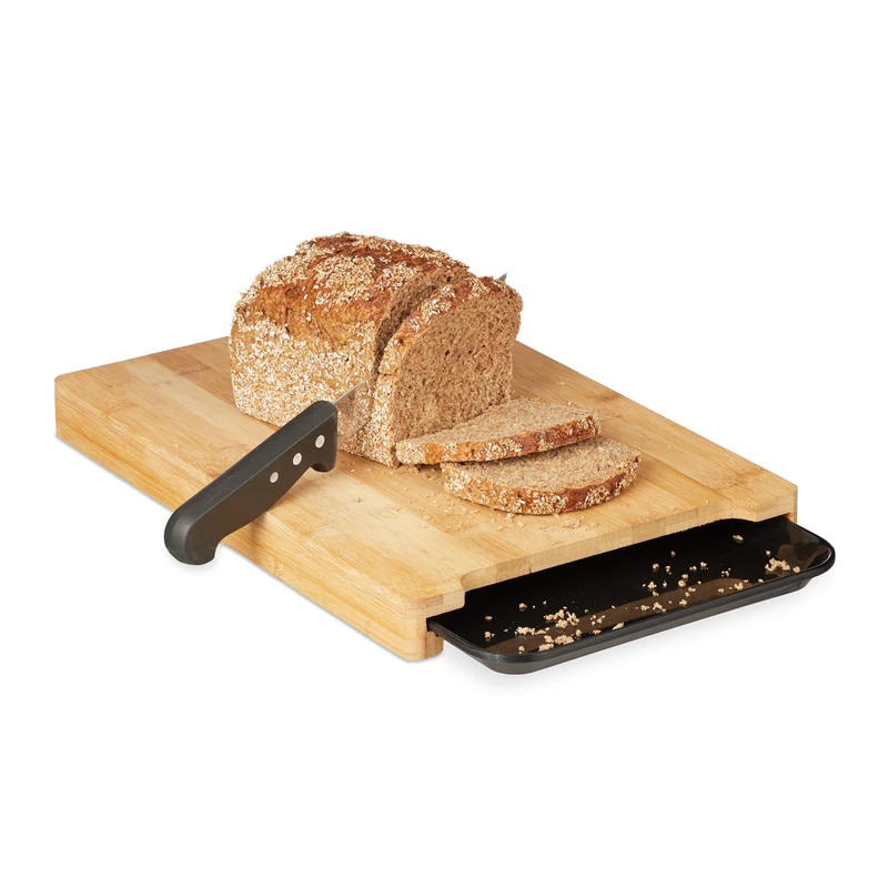 Relaxdays Cutting Board with Drip Tray, Raised Bamboo Tray, Plastic Drawer, 3.5 x 38 x 26 cm, Natural