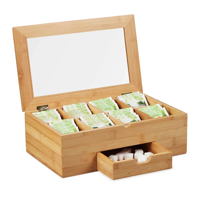 Relaxdays Bamboo Tea Storage Box, Lid with Window, 8 Compartments, Chest with Drawer, HxWxD 11x33x20 cm, Natural