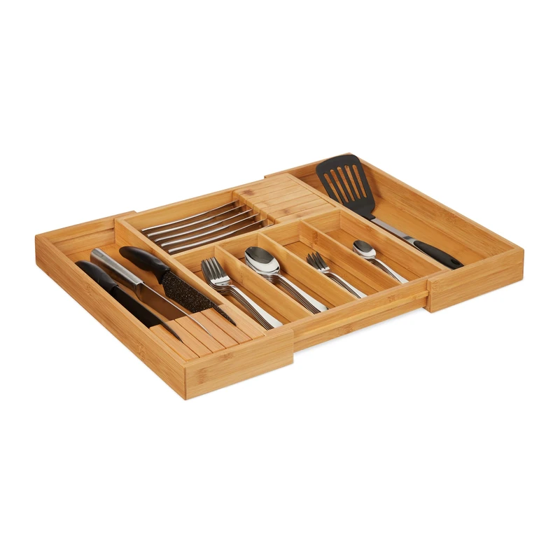 Relaxdays 10027482 Bamboo Cutlery Tray, Extendible, 2 Knife Blocks, Drawer Insert with 5-7 Compartments, HWD 5x56x43 cm, Natural