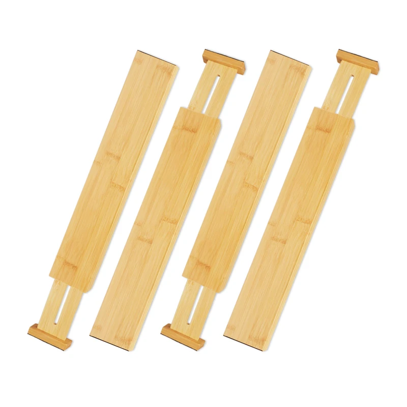 Relaxdays 10027483 Drawer Divider Set of 4, Bamboo, Adjustable Organiser for Cutlery, Kitchen & Office, 6 x 55 cm, Natural