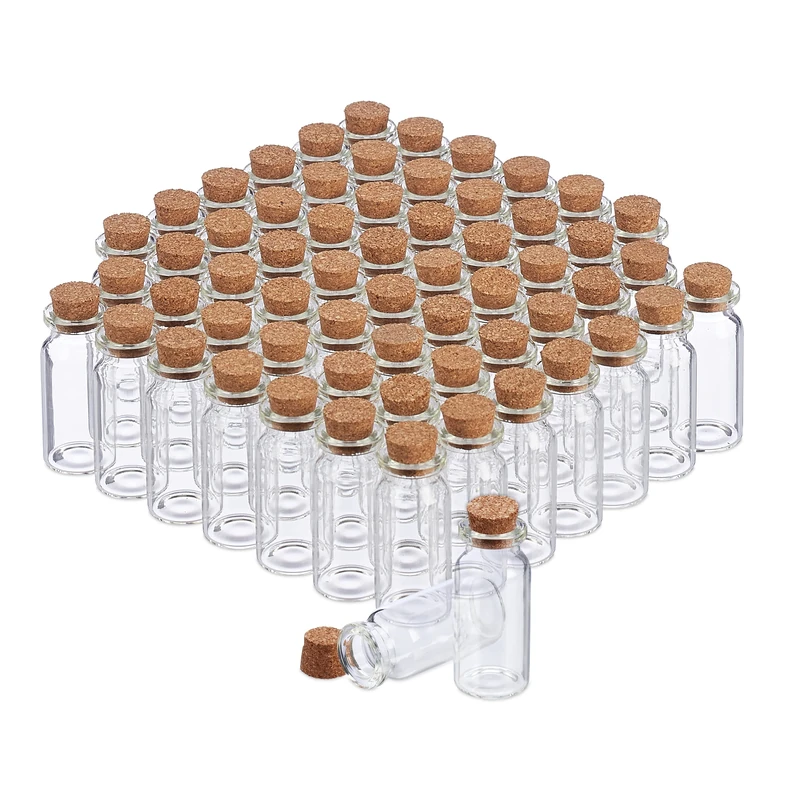 Relaxdays Mini Glass Bottles with Cork Stopper, 60 Pieces, Perfect for Oils, Spices, Sand, 10 ml, Deco, Transparent