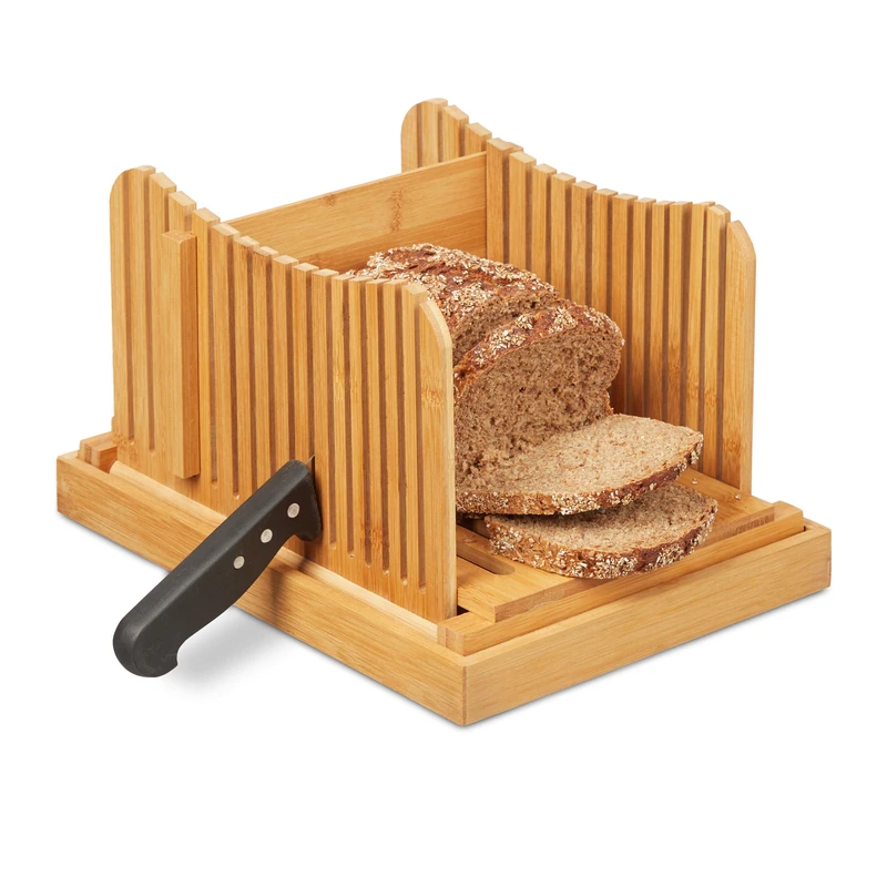 Relaxdays Bamboo Bread Slicer, Adjustable Loaf Cutting Board with Crumb Catcher, Toast & Cake, Natural Wood