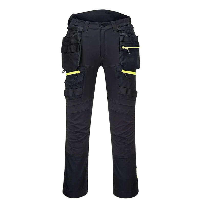 Portwest DX440 Lightweight Detachable Holster Work Trousers Mens Multi Pockets Stretch Safety Workwear Cargo Combat Pants with Free Knee Pads Black, 41