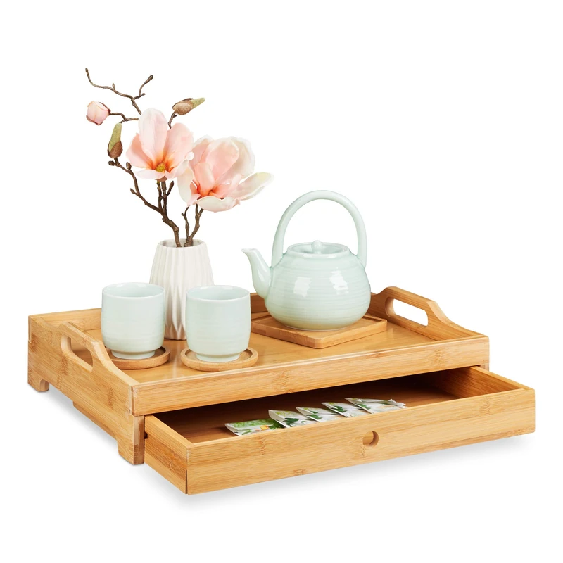 Relaxdays Bamboo Serving Tray, Removable Drawer, Breakfast Platter with Handles, H x W x D: 10 x 43 x 31 cm, Natural