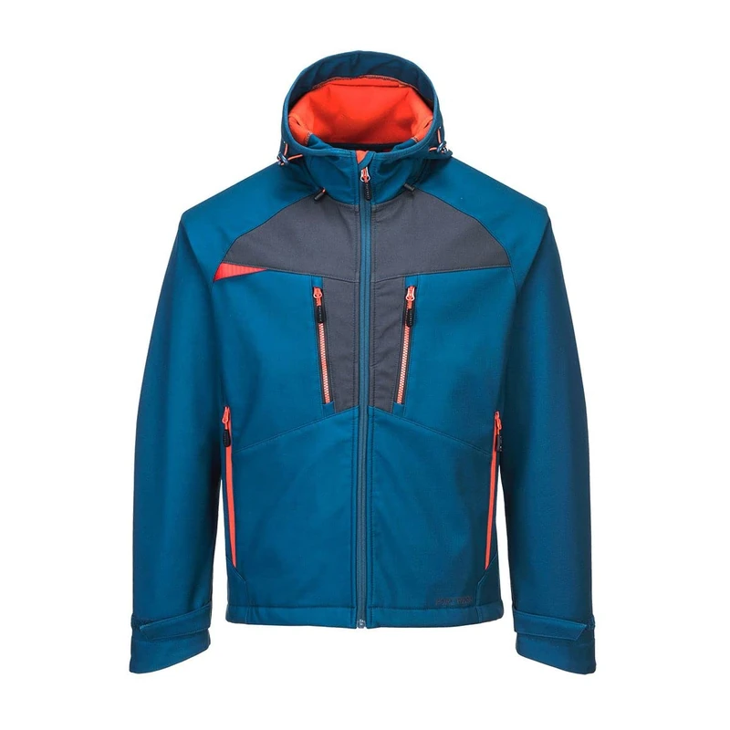 Portwest DX474 DX4 Hooded Softshell Jacket Waterproof Windproof Breathable 4-Way Stretch Work Jacket with Pockets Adjustable Fit for Work and Outdoor, Metro Blue, XXL