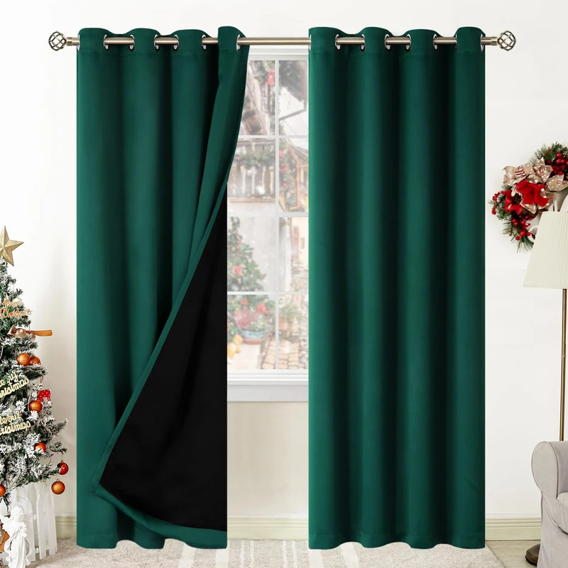 BGment Thermal Insulated 100% Blackout Curtains for Bedroom with Black Liner, Double Layer Full Room Darkening Noise Reducing Grommet Curtain (52 x 84 Inch, Emerald, 2 Panels)