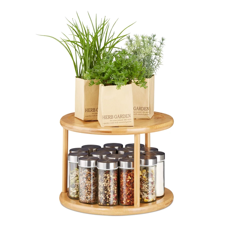 Relaxdays Revolving Spice Rack, Shelf Organiser, Cosmetic Stand, Kitchen Carousel, 2-Tier, HxW: 19.5 x 24.5 cm, Bamboo - Image 1