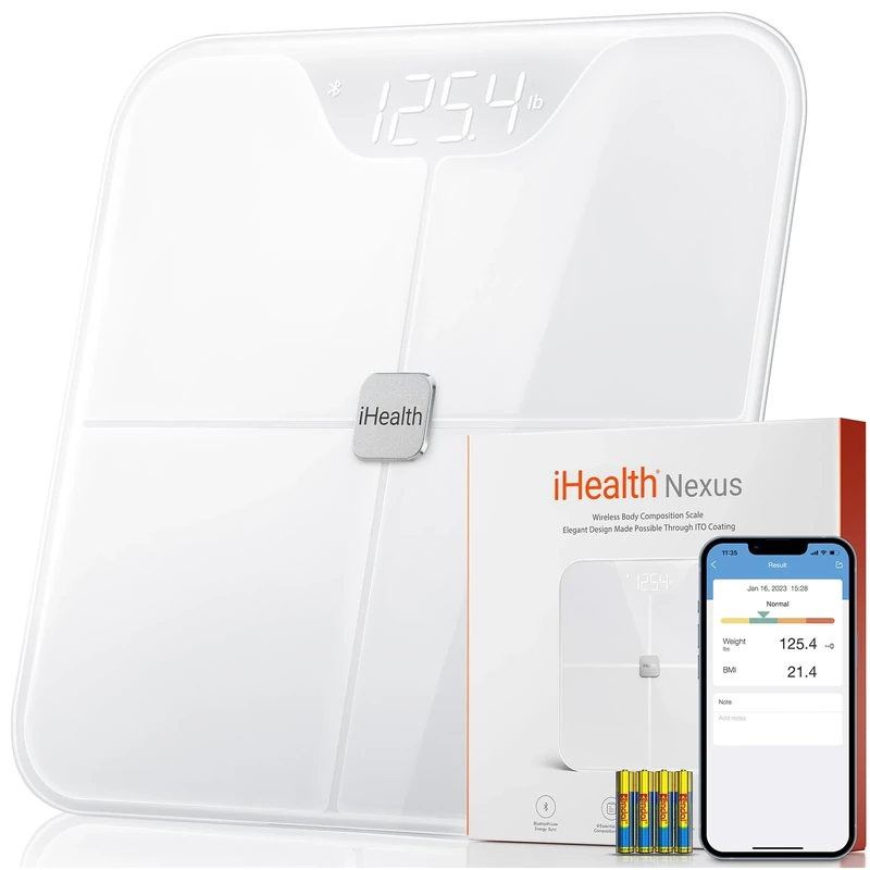 iHealth FIT Body Fat Scale Smart BMI Scale Digital Bathroom Bluetooth Weight Scale, Body Composition Analyzer with Tempered Glass Platform, Large LED Backlit with Smartphone App, 400 lbs - White