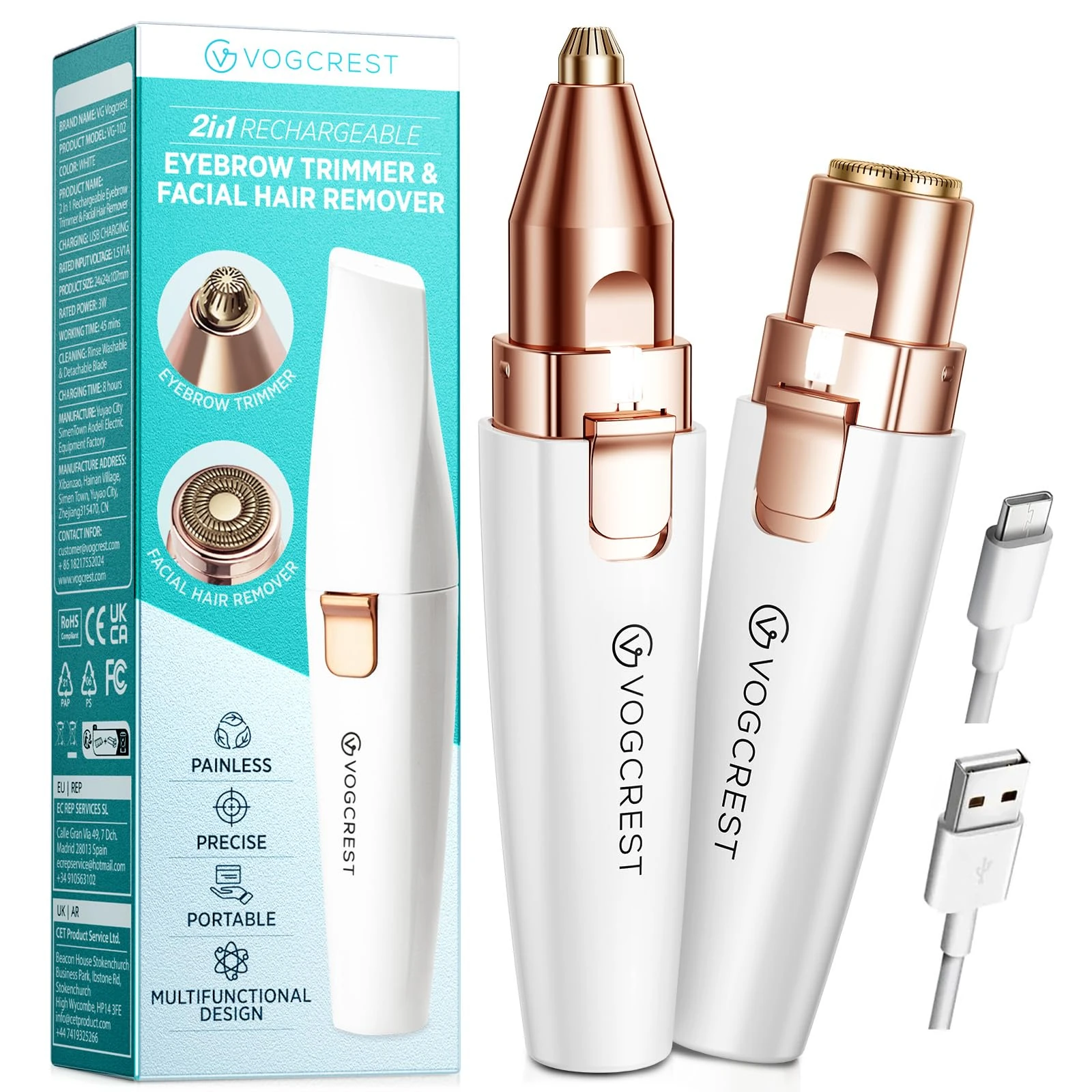 VG VOGCREST Eyebrow Facial Trimmer: 2 in1 Rechargeable Facial Hair Removal and Eyebrow Shaver - Face Lips Body Painless Facial Razor with Built-in LED Light (White)
