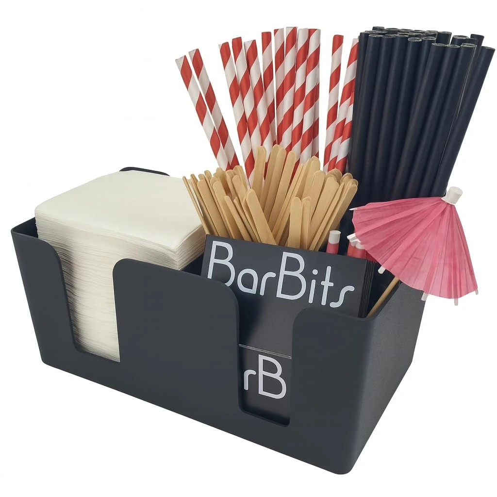 BarBits Black Classic Bar Caddy - Cocktail Napkins Accessories Holder Caddies, Table Storage Organiser, Bar Condiment Caddy, Straw Holder