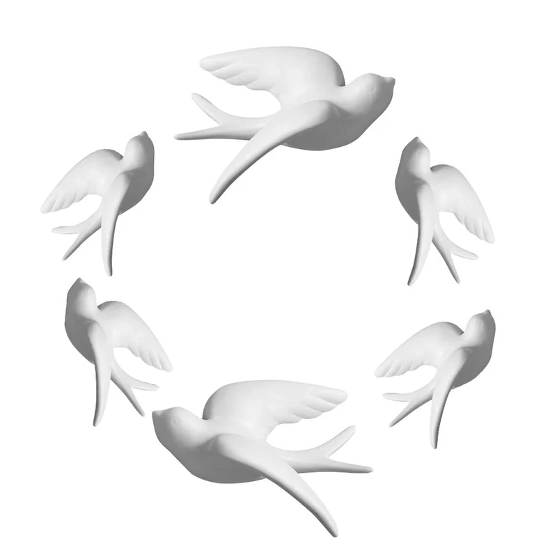 Dorlotou Set of 6 White Ceramic Sparrows Swallows Birds Wall Mounted Decor Hanging for Livingroom Garden Wall Sculptures