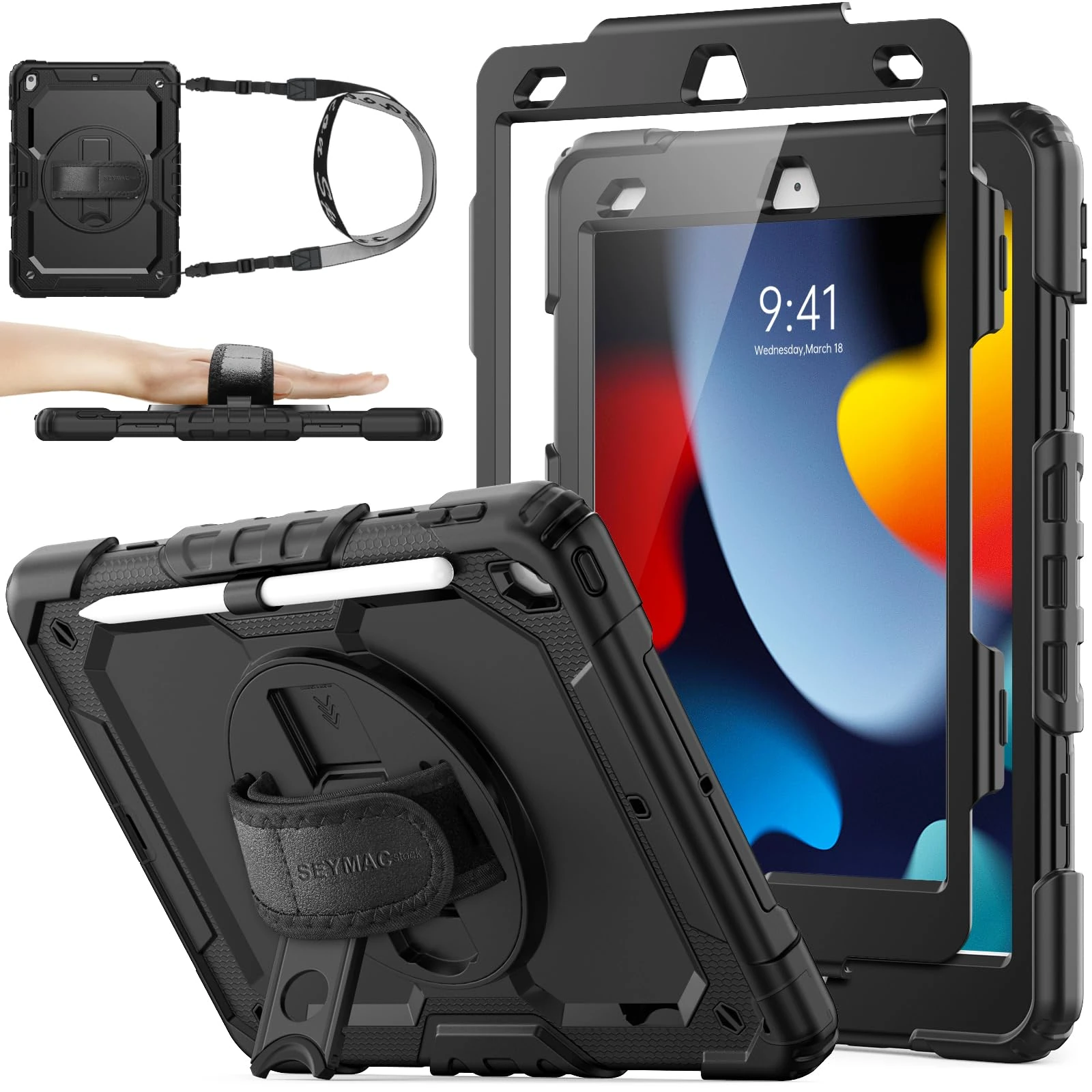 SEYMAC stock for iPad 9th/8th/7th Generation Case 10.2 inch, Full-Body Shockproof with 360° Rotating Stand/Hand Strap, Screen Protector, Pencil Holder for iPad 10.2 Case 2021/2020/2019, Black