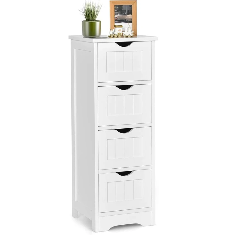 BAKAJI Chest of Drawers Cabinet with 4 Removable Drawers in MDF Wood, White, Shabby Chic Line, Space-Saving for Bathroom, Bedroom