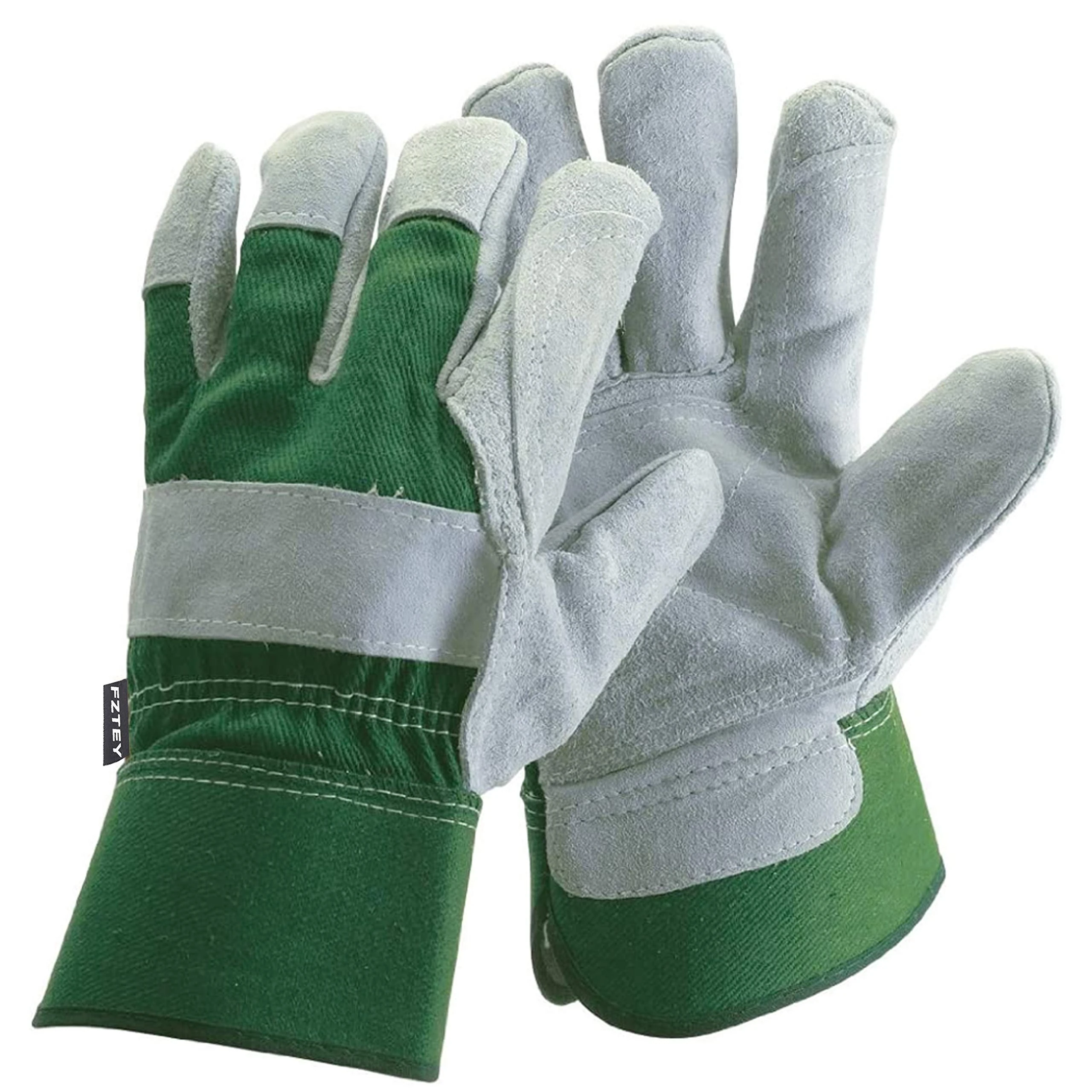 FZTEY Thick Gardening Work Gauntlets, Reinforced Leather Heavy duty Cut Knife Thermal Gloves For Men and Women Lady Gift, Safety Protective Rigger Washable Gripper (L, Green, 1 Pairs)