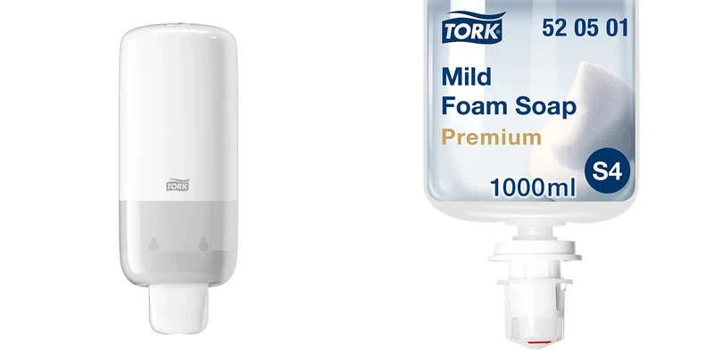 Tork Soap Dispenser for Foam Soap and Hand Sanitiser + Refill - S4 - Mild Foam Soap, 1 x 1000 ml