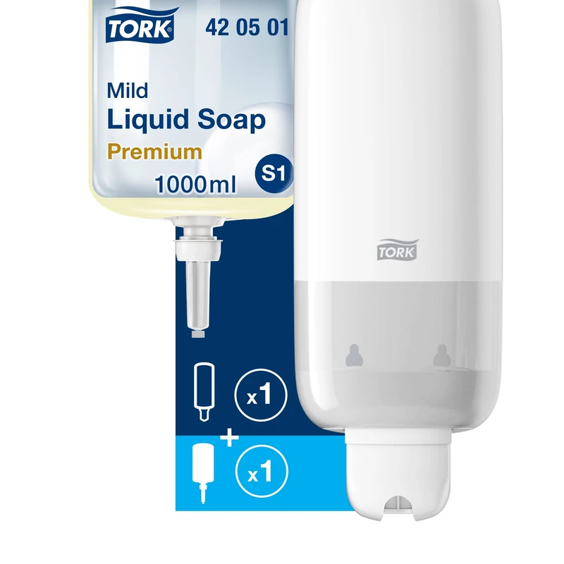 Tork Soap Dispenser for Liquid Soap and Hand Sanitiser + Refill - S1/S11 - Premium mild liquid soap, 1 x 1000 ml - Image 1