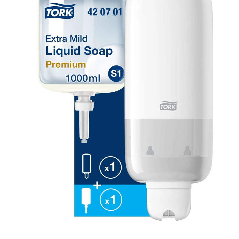 Tork Soap Dispenser for Liquid Soap and Hand Sanitiser + Refill - S1/S11 - Extra Mild Liquid Soap, 1 x 1000 ml