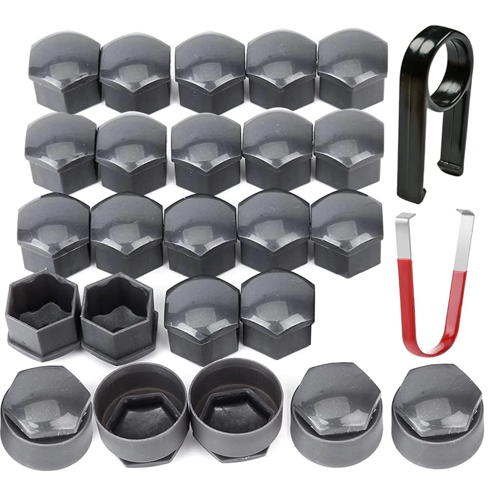 Gebildet 24pcs Wheel Nut Cap 17mm(5pcs Anti-Theft Bolt Cap+19pcs Normal Bolt Cap) Hexagonal Tire Nut Covers with Removal Tool Set for Cars(Grey)