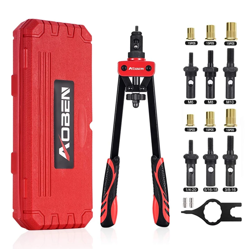 AOBEN 14" Rivet Nut Tool, Professional Hand Rivet Nut Setter Kit Labor-Saving and Compact Design Including 6 Interchangeable Mandrels 90pcs Rivnuts and 2 Mandrel Lock Pins - Image 1