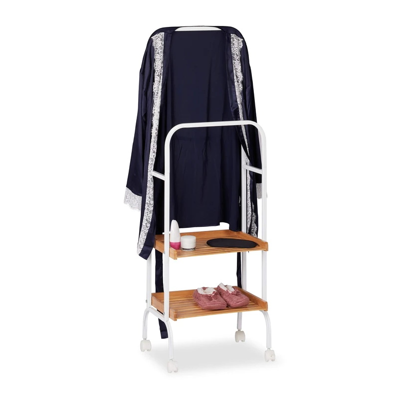 Relaxdays Valet Stand On Wheels, Clothes Rail With 2 Shelves, Metal & Bamboo Towel Stand, 129 x 42 x 32 cm, White