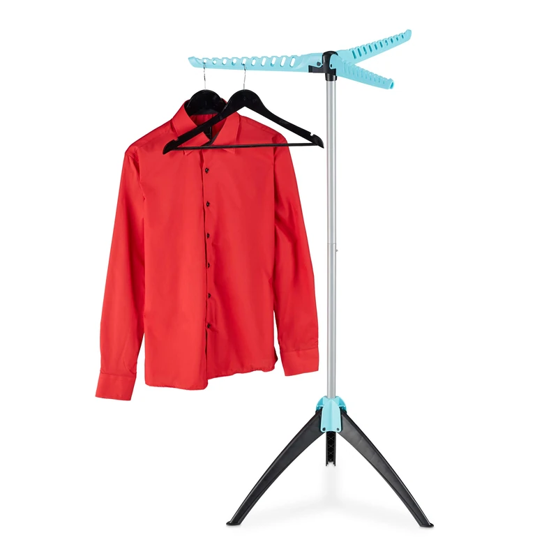 Relaxdays Ironing Tidy Stand Foldable, 3 Arms, For Hangers, Laundry Tripod Rack, HxD: 128 x 56.5 cm, Silver/Turquoise